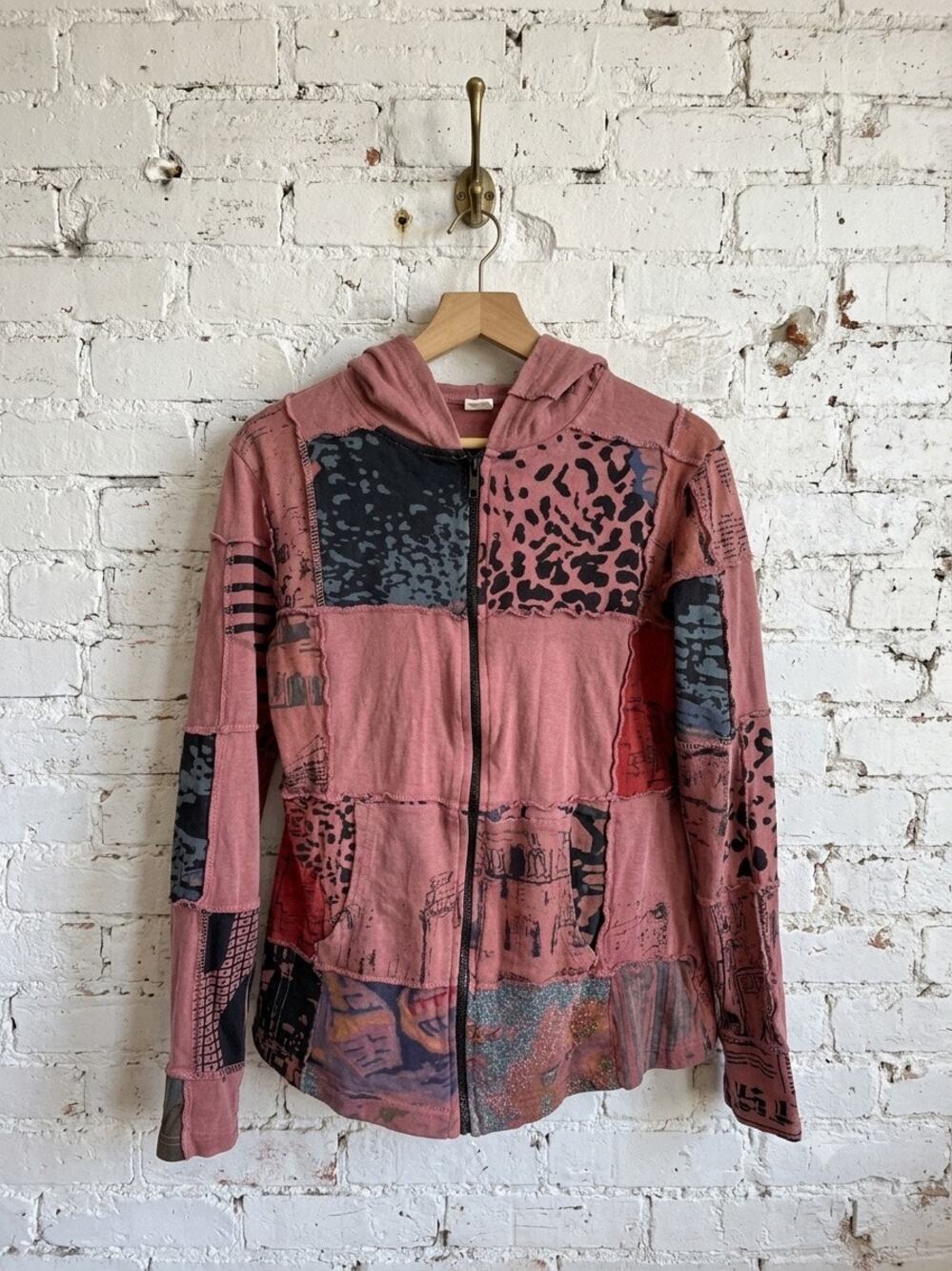 Sacred Threads Earth Tone Yoga Patchwork Raw Seam Zip Hoodie Cotton Whimsigoth